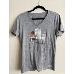 Life is Good Womens Crusher Tee Gray Lake Life Dog Adirondack V-Neck T-Shirt M